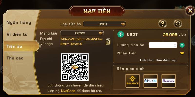 Nạp Tiền Bằng Tiền Ảo (USDT)